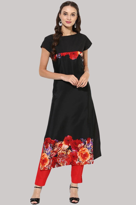 Black Crepe Floral Printed Straight Kurta PK1310