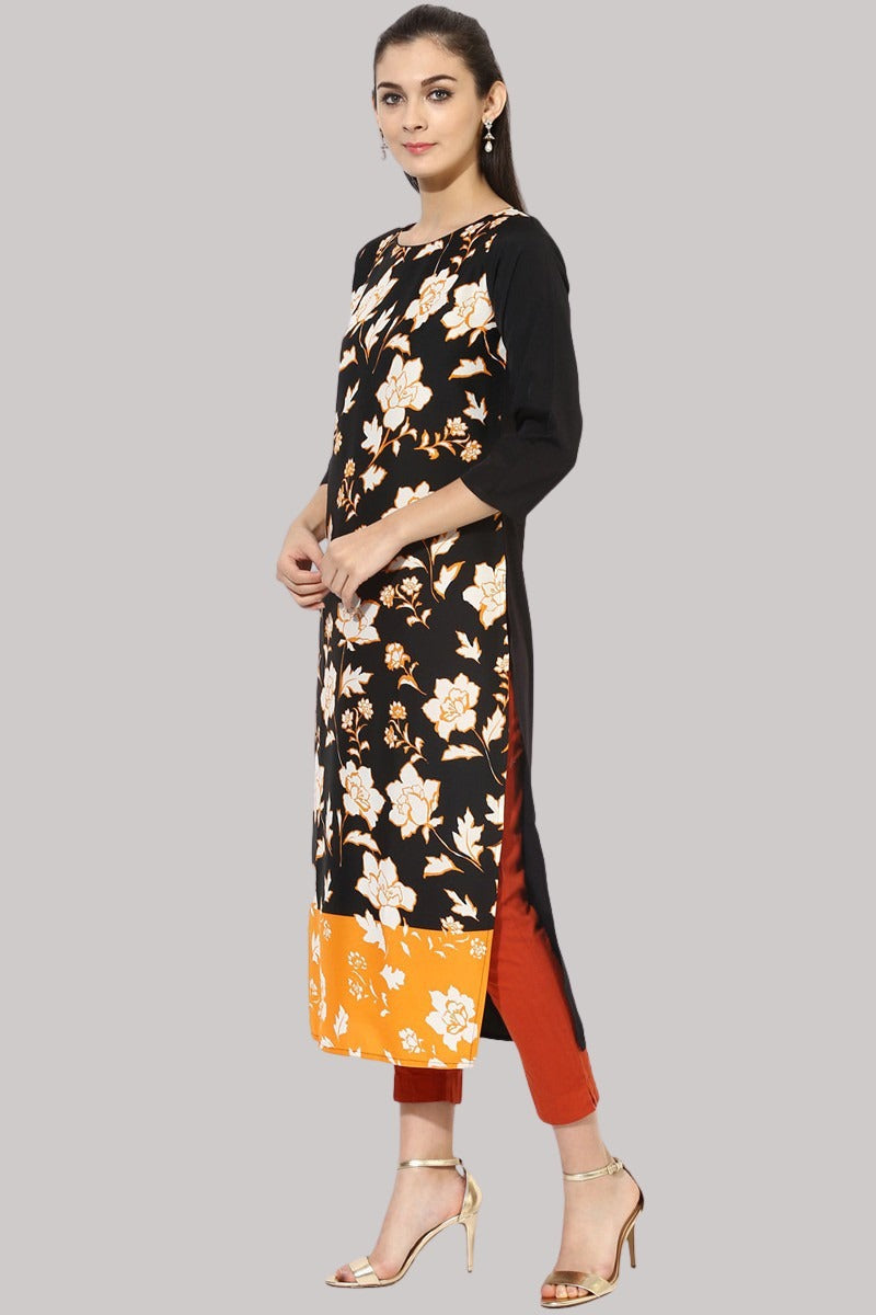 Black Crepe Floral Printed Straight Kurta PK1425