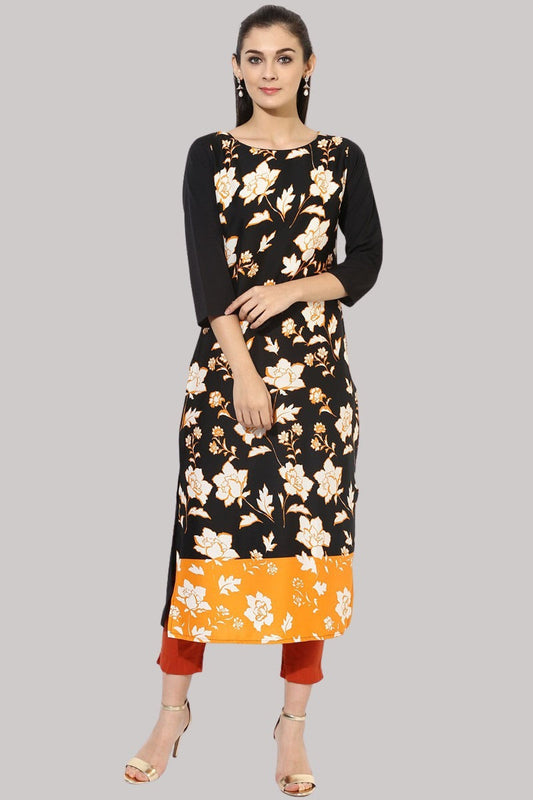 Black Crepe Floral Printed Straight Kurta PK1425