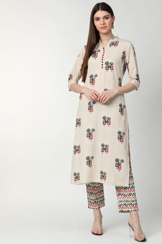 Off White Poly Crepe Printed Kurta Palazzo Set PKSET1008