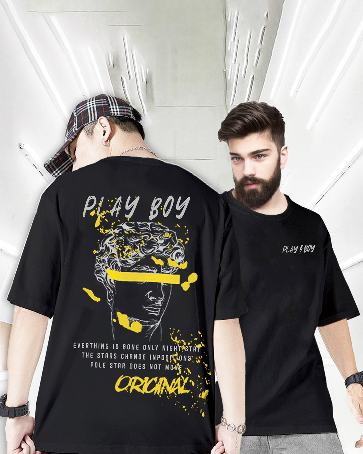 Black Oversized Men Playboy Graphic Printed T-shirt