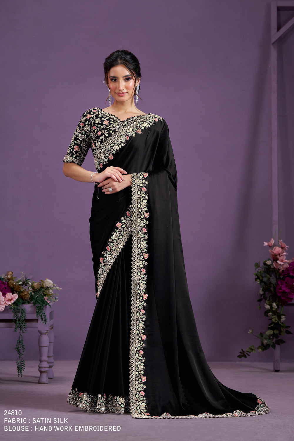 Black Crape Sartin Silk Sequins With Pure Handwork Saree