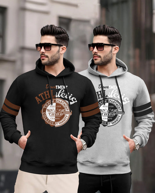 (Pack Of 2) Mens Hooded Athletic Printed Sweatshirts | Black & Grey