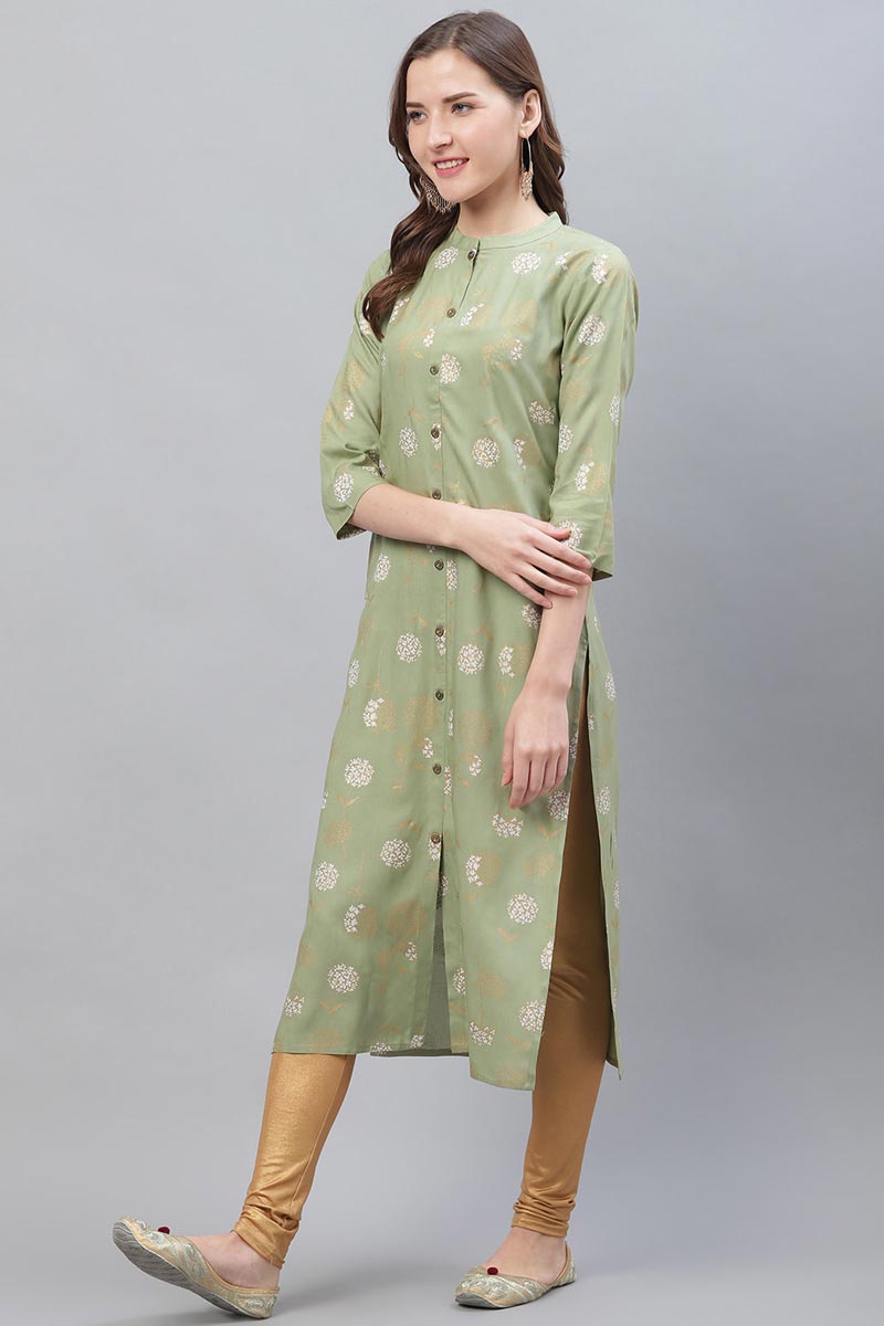 Green Cotton Fabric Trendy Festive Wear Printed Kurti VCK1586