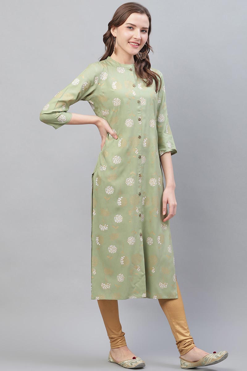 Green Cotton Fabric Trendy Festive Wear Printed Kurti VCK1586