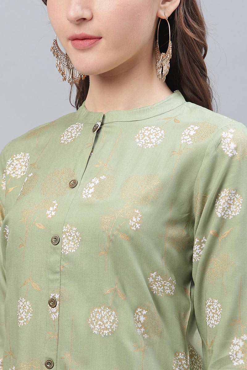 Green Cotton Fabric Trendy Festive Wear Printed Kurti VCK1586