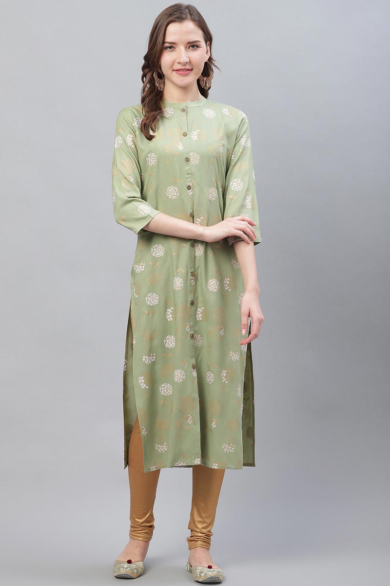 Green Cotton Fabric Trendy Festive Wear Printed Kurti VCK1586