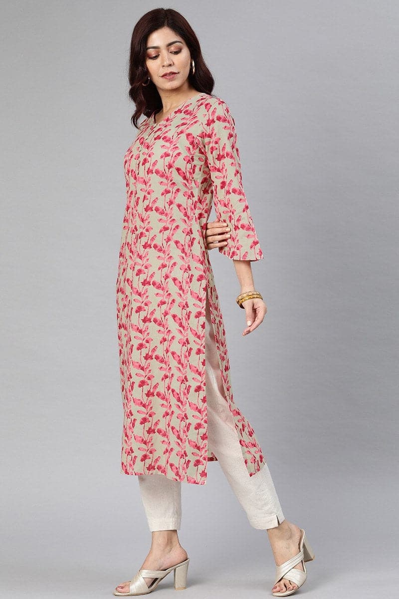 Beige And Pink Printed Straight Kurta With Flared Sleeves VCK1834E