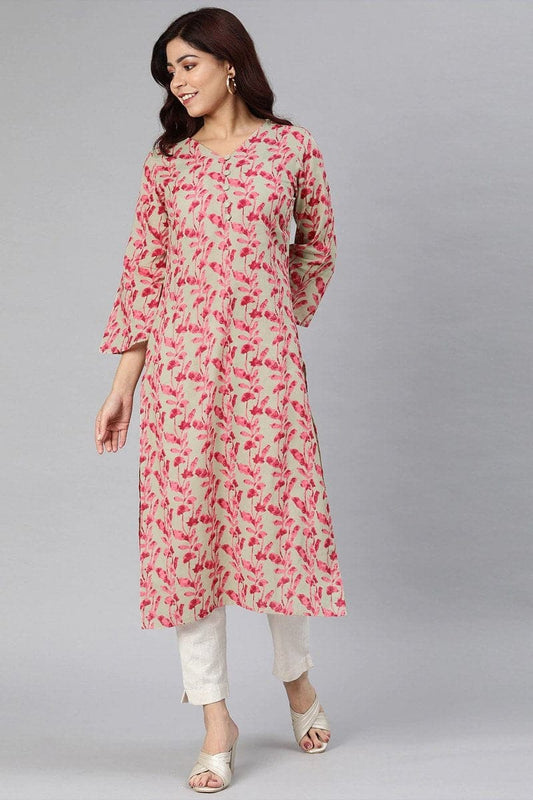 Beige And Pink Printed Straight Kurta With Flared Sleeves VCK1834E