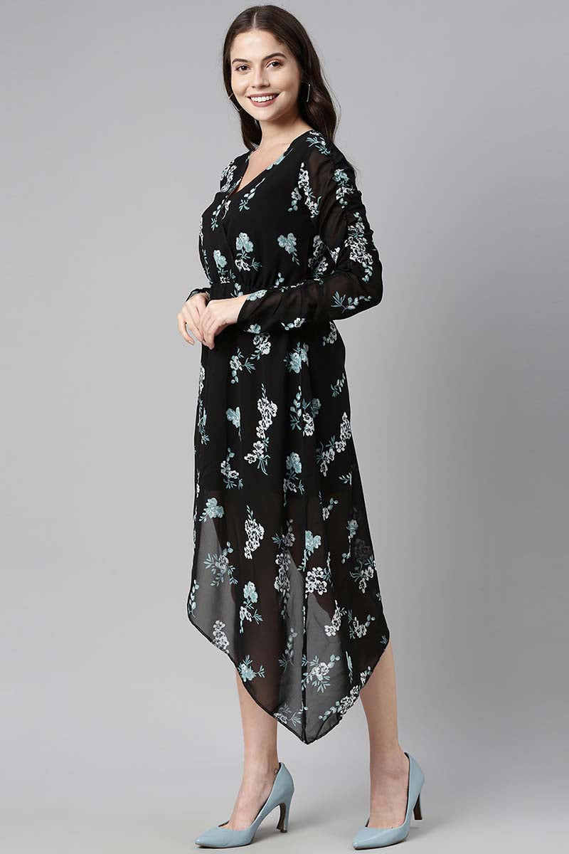 Black Polyester Floral Printed Midi Dress VD1006