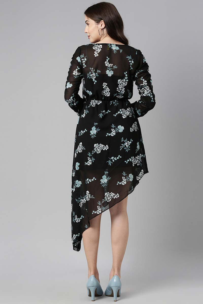 Black Polyester Floral Printed Midi Dress VD1006