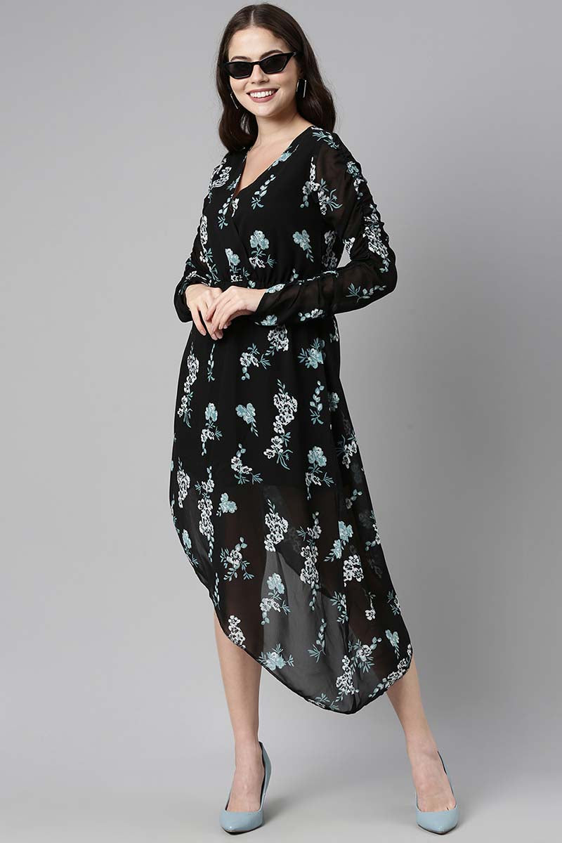 Black Polyester Floral Printed Midi Dress VD1006