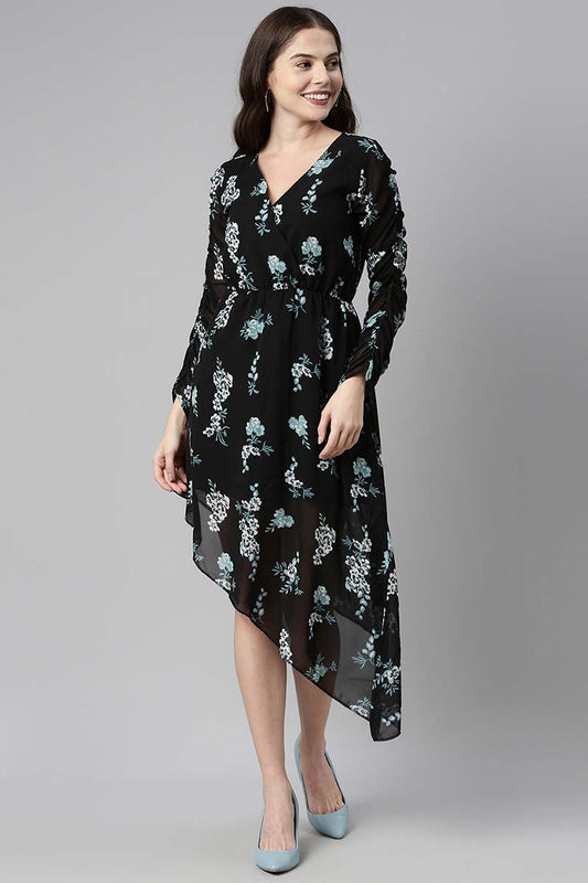 Black Polyester Floral Printed Midi Dress VD1006