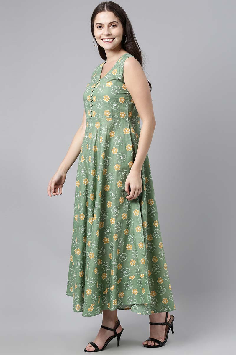 Green Cotton Floral Print Maxi Dress VD1019