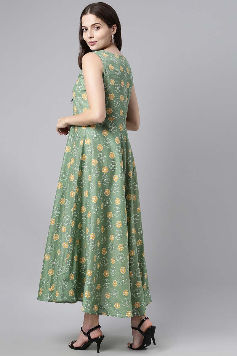 Green Cotton Floral Print Maxi Dress VD1019