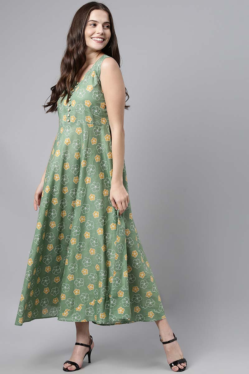 Green Cotton Floral Print Maxi Dress VD1019