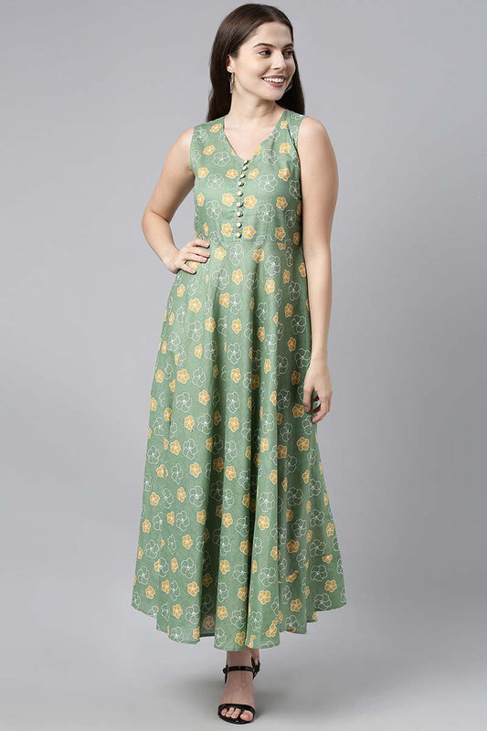 Green Cotton Floral Print Maxi Dress VD1019