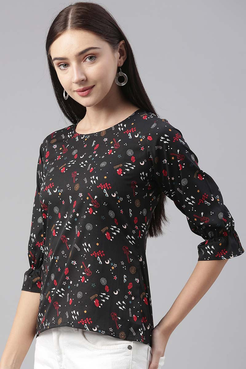 Black Poly Crepe Conversational Printed Regular Top VT1025