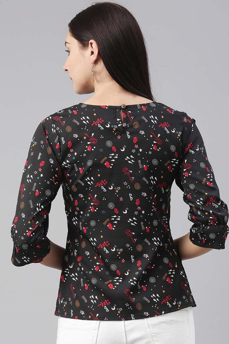 Black Poly Crepe Conversational Printed Regular Top VT1025