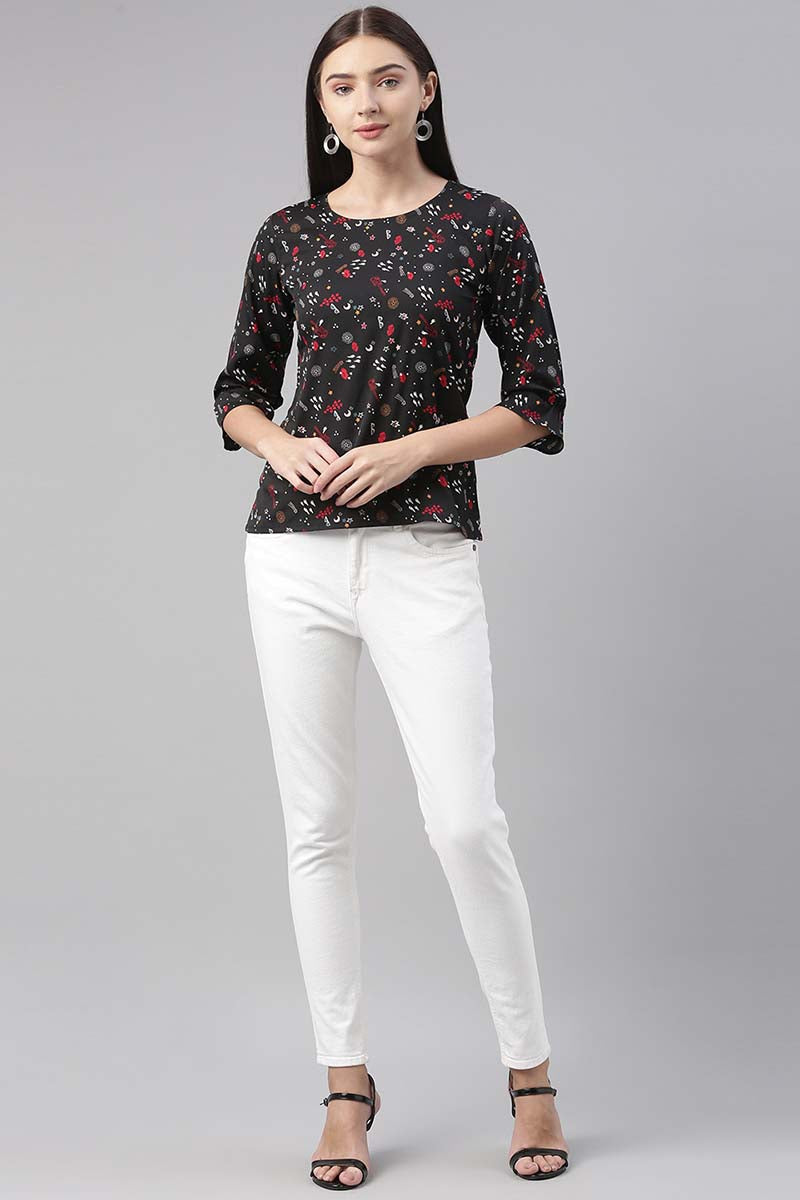 Black Poly Crepe Conversational Printed Regular Top VT1025