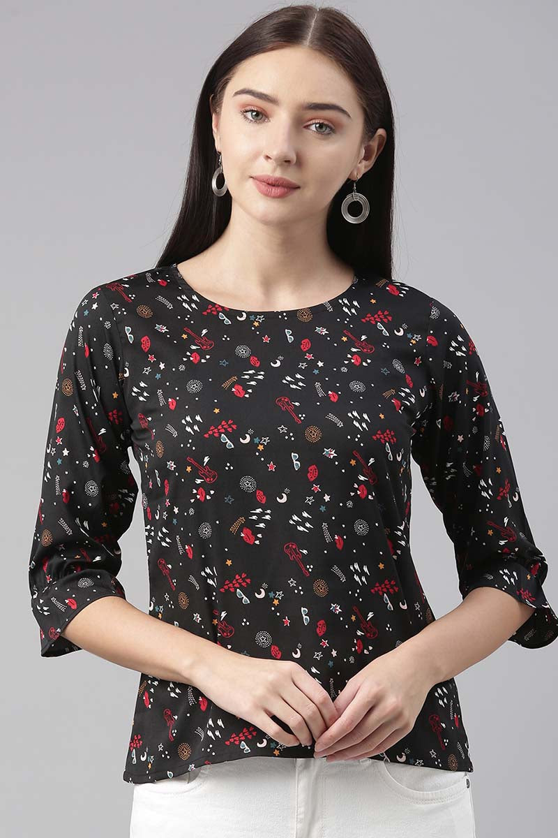 Black Poly Crepe Conversational Printed Regular Top VT1025