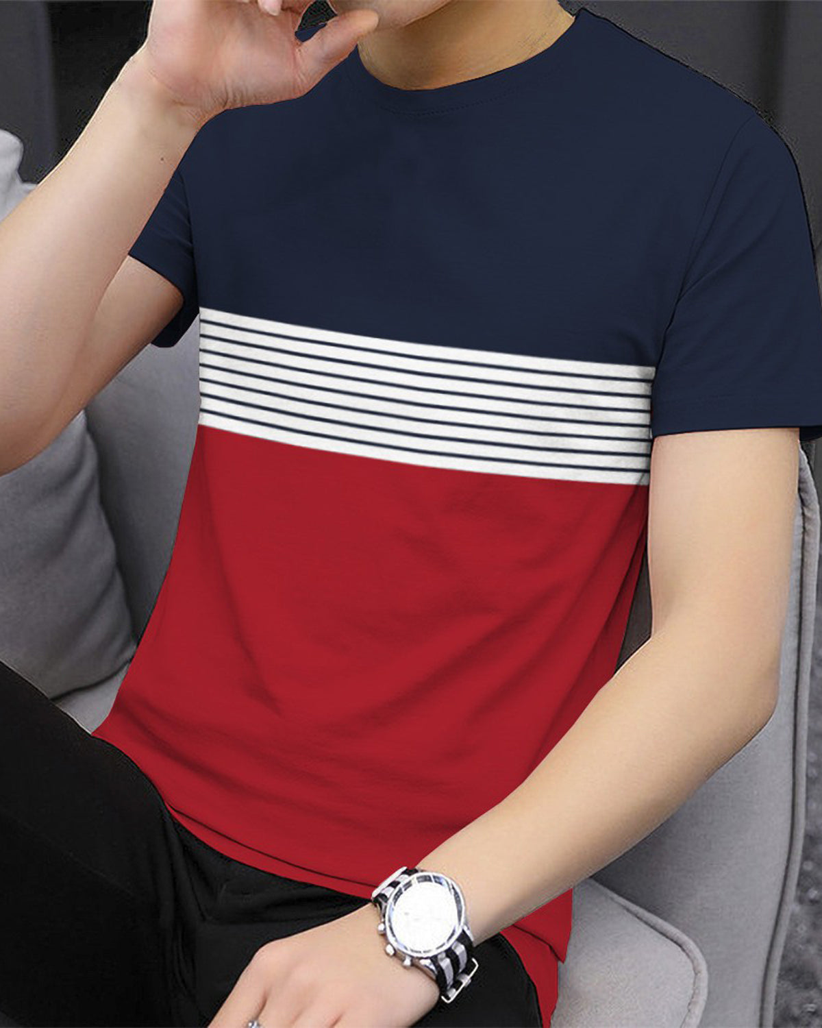 (Pack Of 2) Men Round Neck Half Sleeve Striped T-shirts / Navy Red & Navy Grey